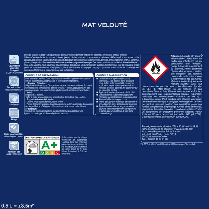 Laque Valénite - mat - 0,5L DULUX VALENTINE 2