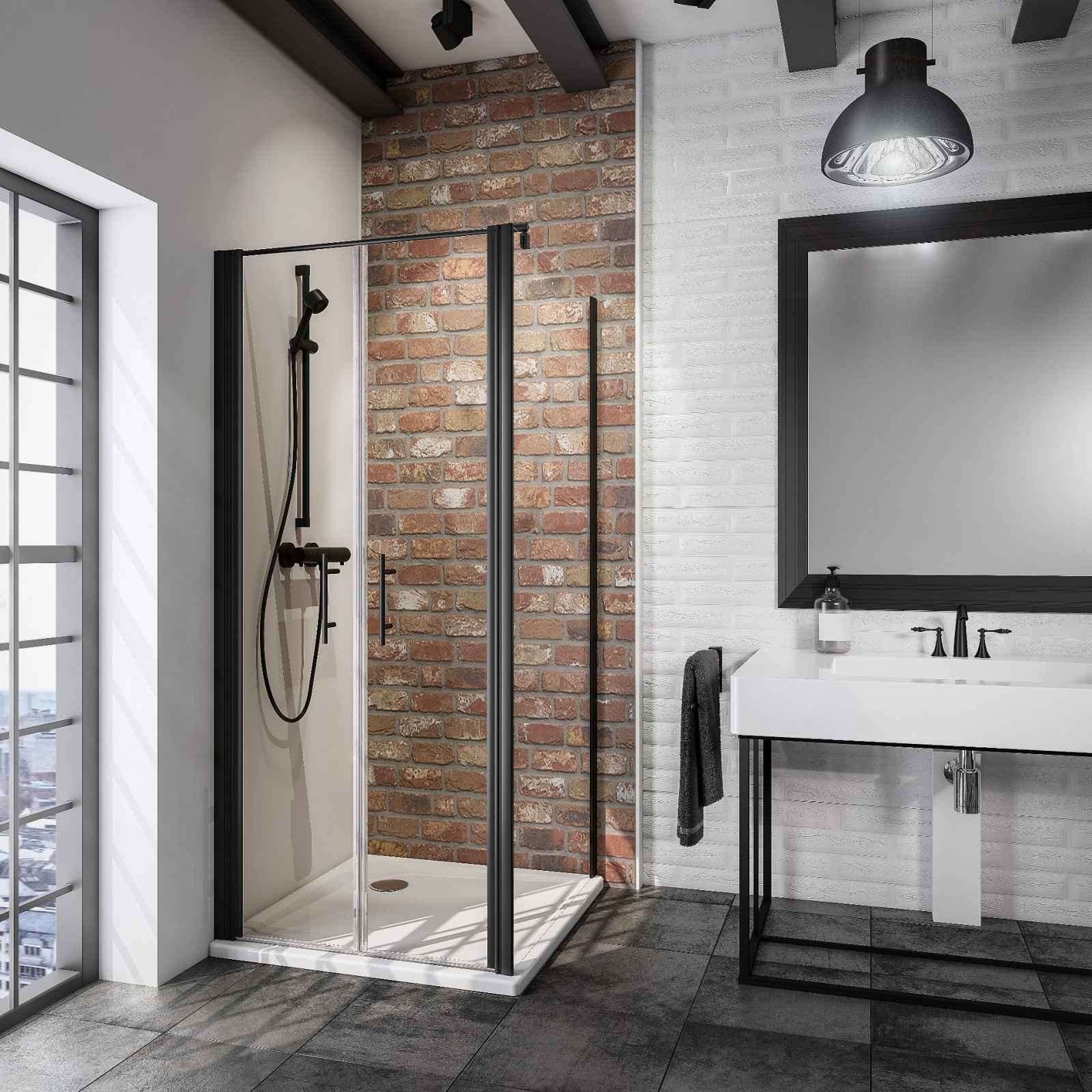 Portes de douche battantes, 80 x 192 cm, verre 5 mm transparent anticalcaire, profilé noir, SCHULTE