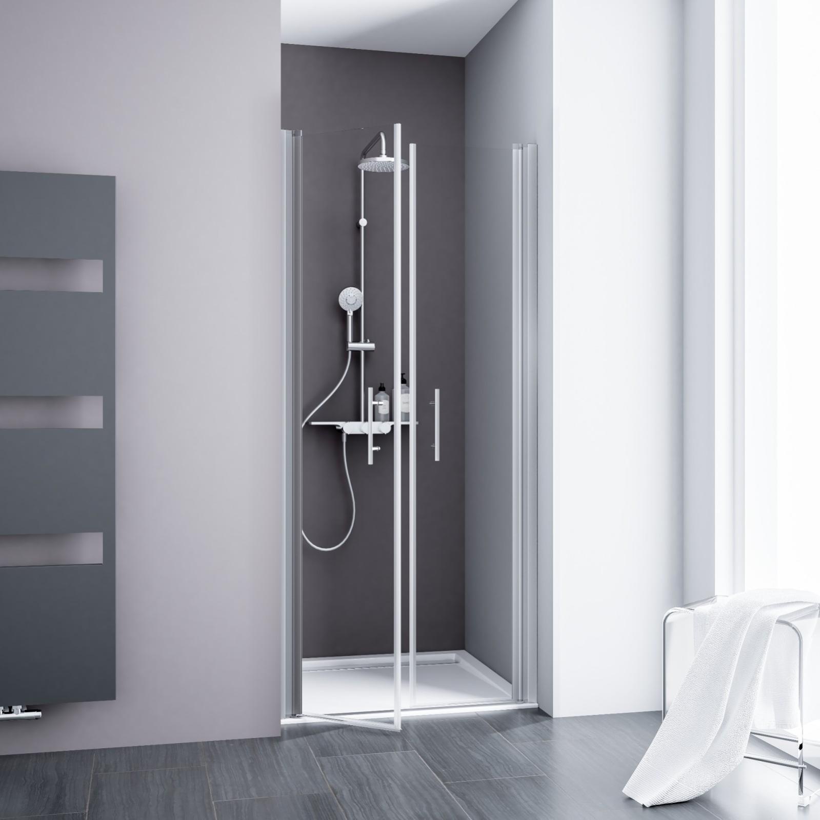 Portes de douche battantes, 90 x 192 cm, verre 5 mm transparent anticalcaire, profilé alu-argenté, SCHULTE
