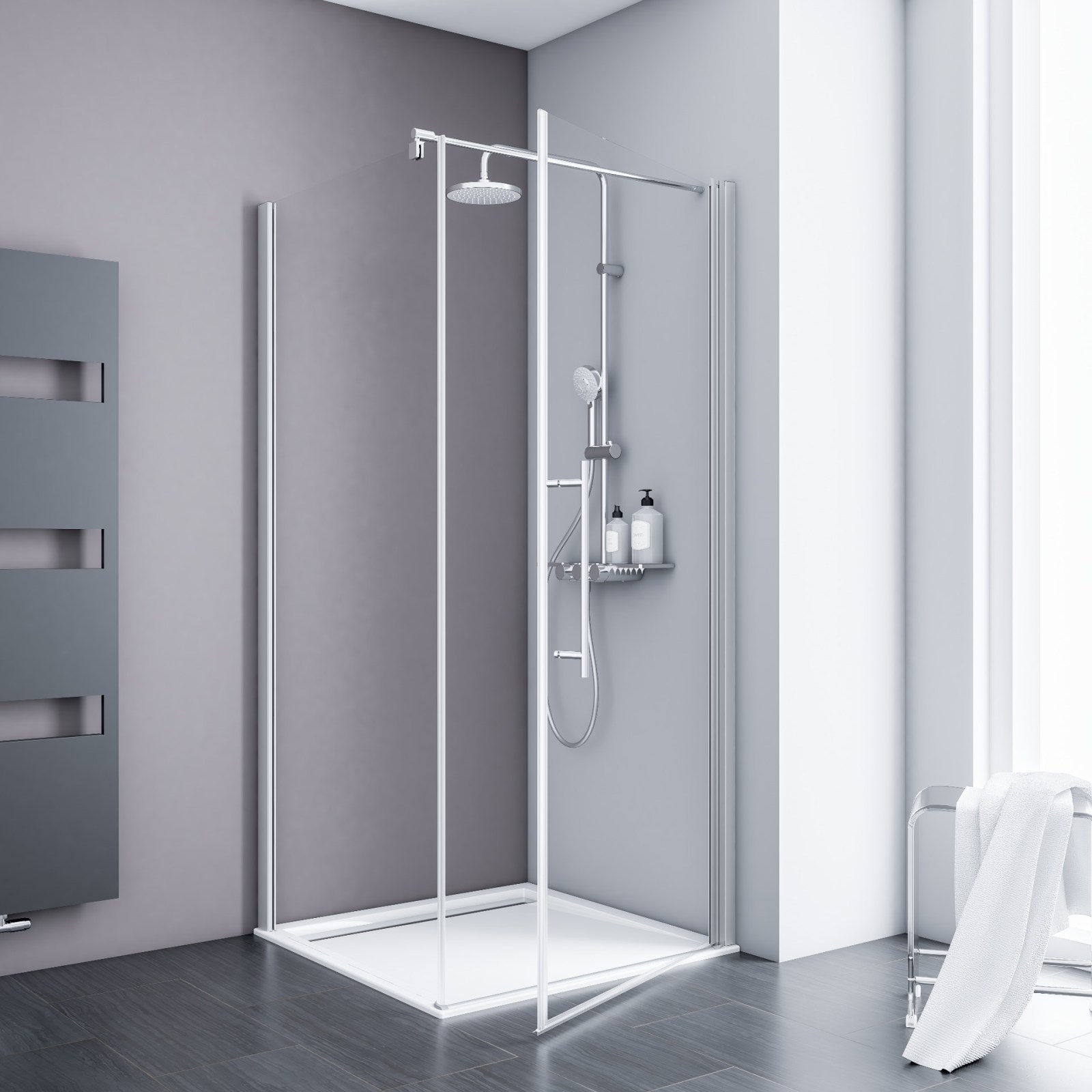 Porte de douche pivotante + paroi de retour fixe, 80 x 80 x 192 cm, verre 5 mm transparent anticalcaire, profilé alu-argenté, SCHULTE