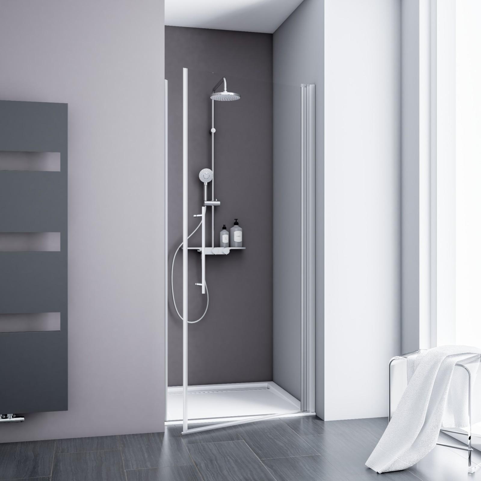 Porte de douche pivotante, 90 x 192 cm, verre 5 mm transparent anticalcaire, profilé alu-argenté, SCHULTE