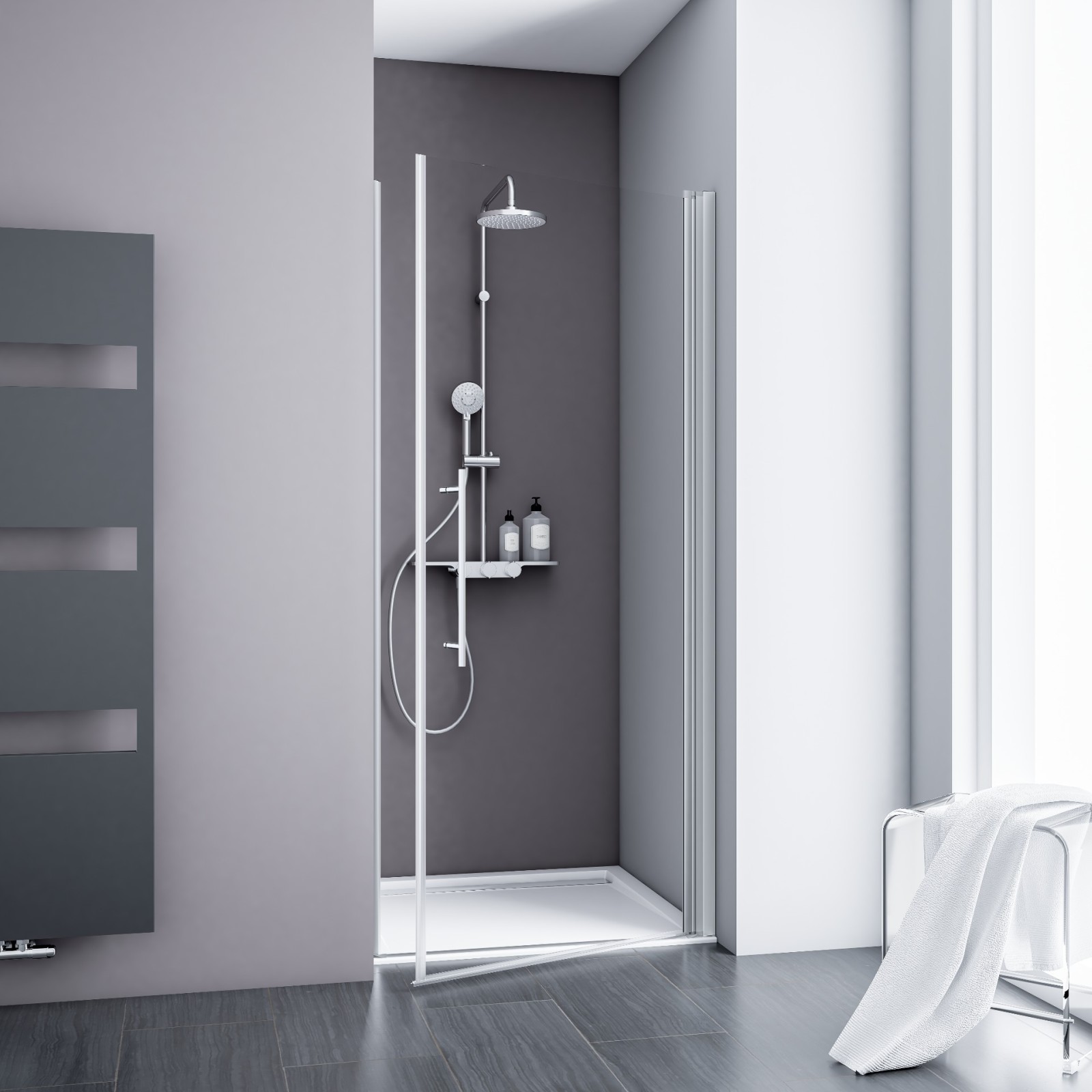 Porte de douche pivotante, 80 x 192 cm, verre 5 mm transparent anticalcaire, profilé alu-argenté, SCHULTE