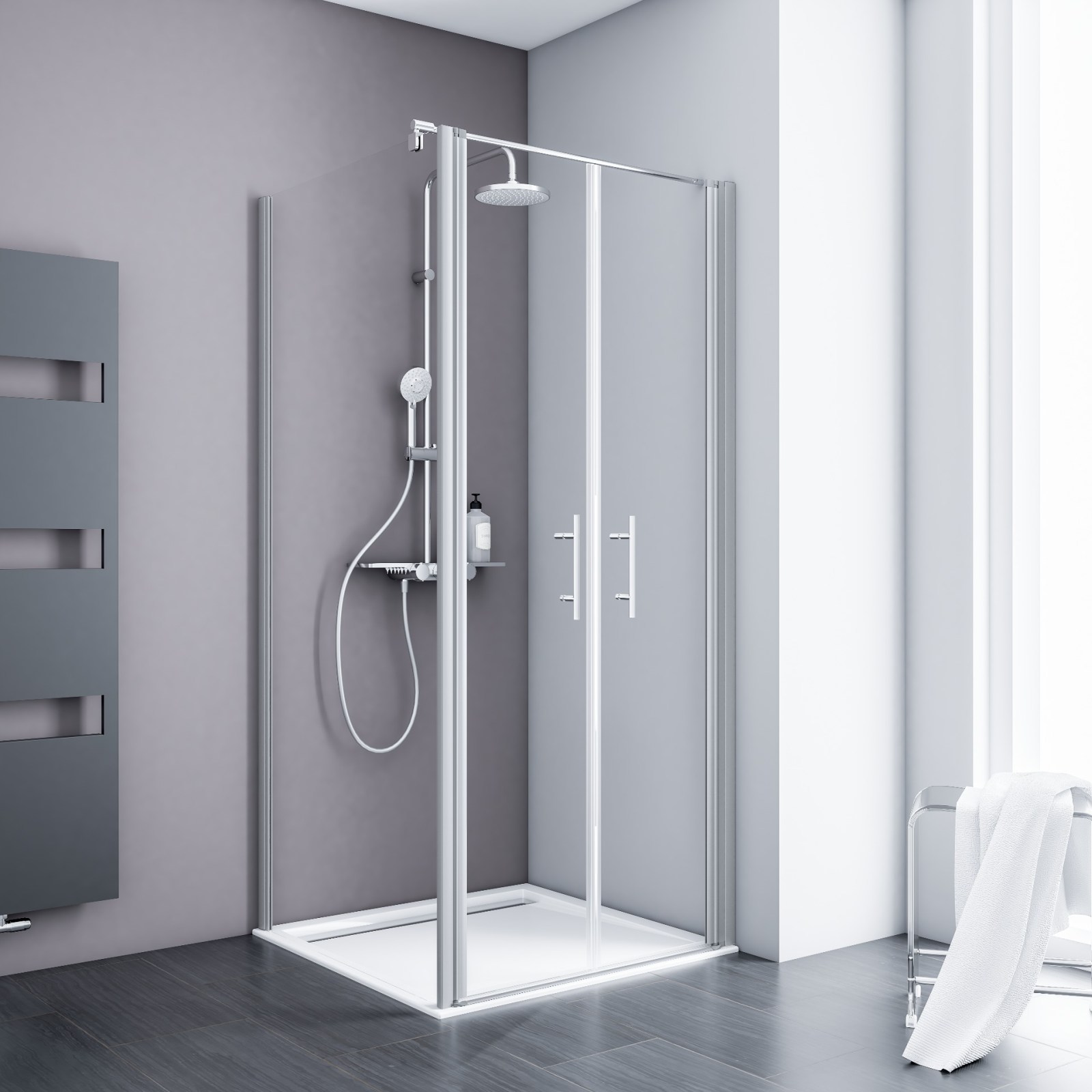 Portes de douche battantes + paroi de retour fixe, 90 x 90 x 193 cm, verre 5 mm transparent anticalcaire, profilé alu-argenté, SCHULTE