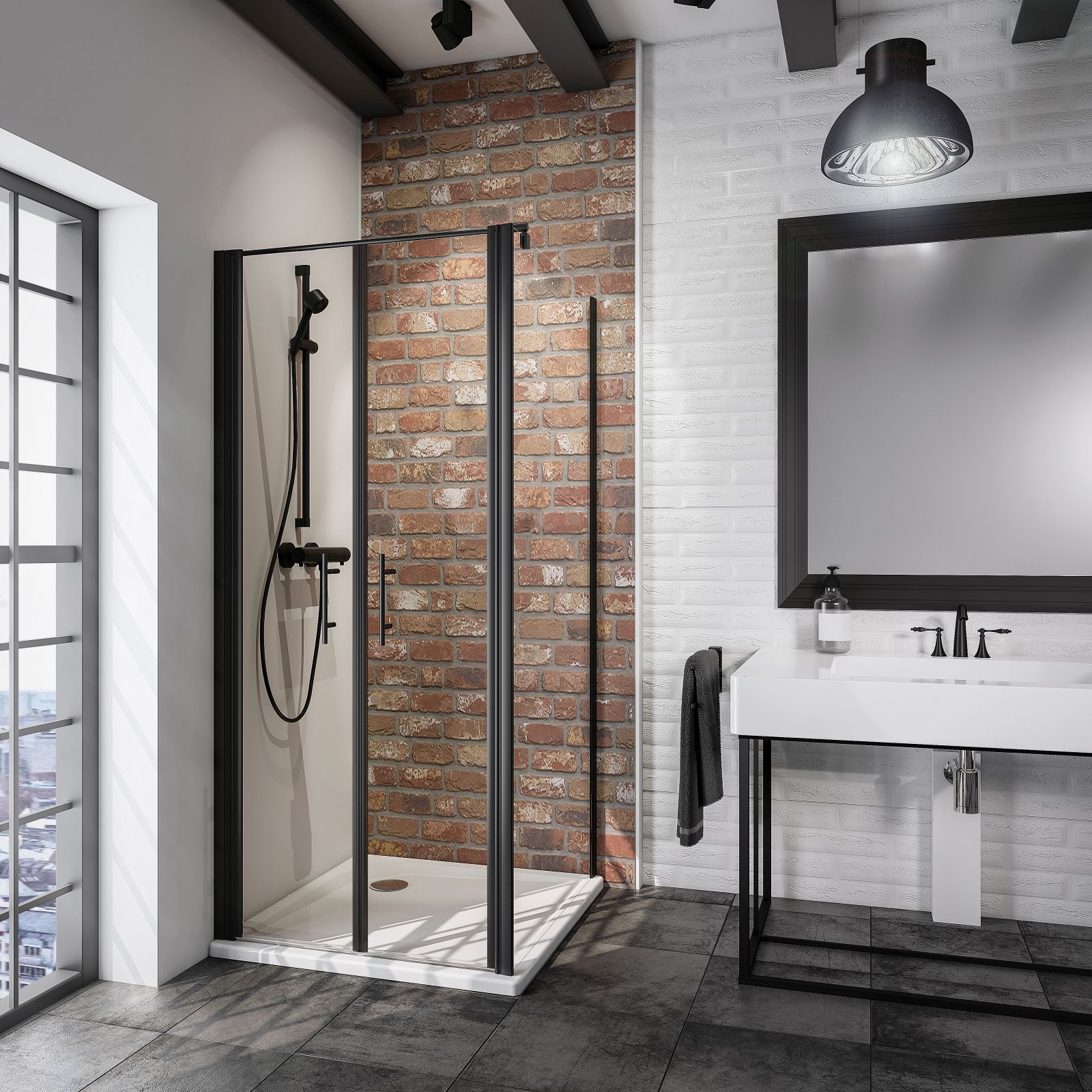 Portes de douche battantes + paroi de retour fixe, 90 x 90 x 193 cm, verre 5 mm transparent anticalcaire, profilé noir, SCHULTE