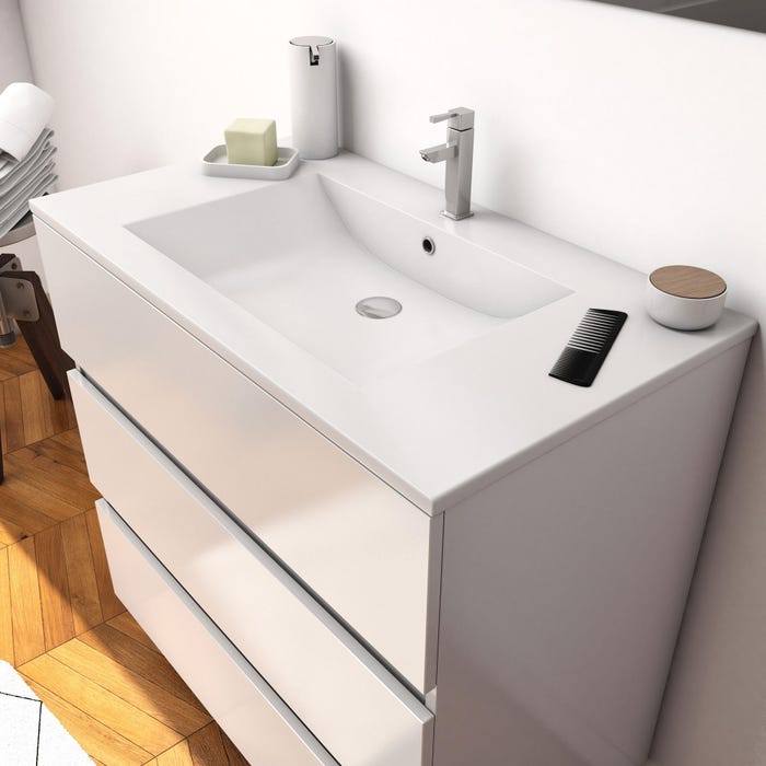 Ensemble Meuble de salle de bain blanc 80 cm sur pied 3 tiroirs + vasque ceramique blanche + miroir 1