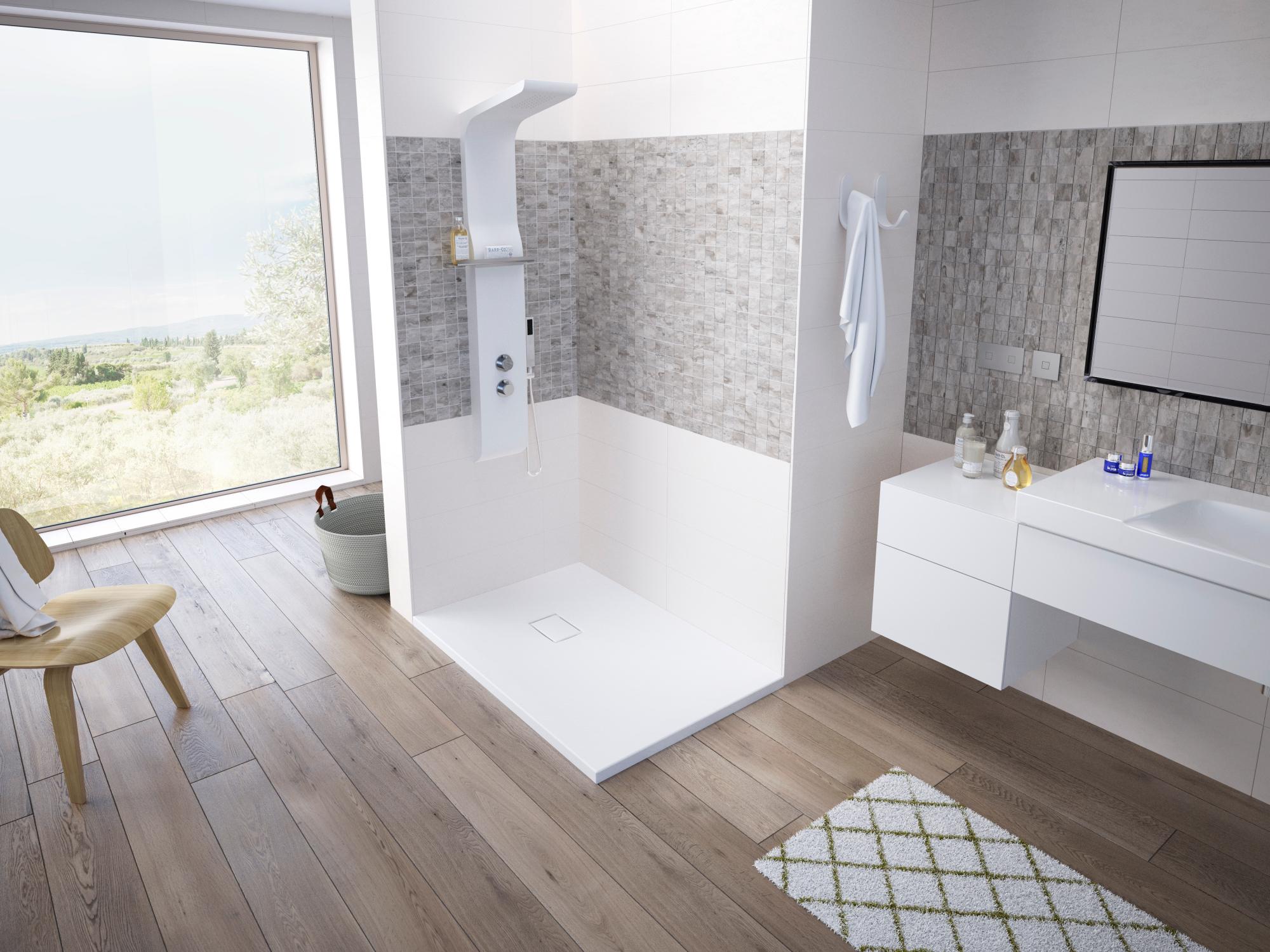 Receveur de douche KINESURF découpable aspect pierre blanc mat 180x80 bonde petit cote