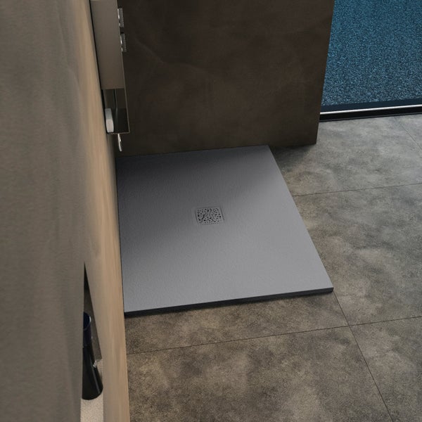 Receveur de douche découplable super plat KINEMOON seulement 2,6 cm d'épaiss., bonde et grille de type 1 (motif abstrait) inclus, gris pierre 180x80 0