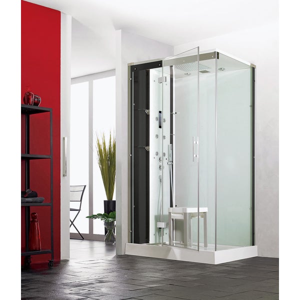 Cabine de douche complète HORIZON receveur de douche 120x120 hauteur 17,5 cm porte pivotante douche hydromassante et fonction Hammam Perle Noire 0