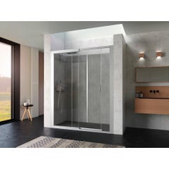 Cabine de douche complète KOCOON 160x70 pose en niche porte coulissante verre dépoli 1 bande mitigeur thermostatique panneaux de fond gris bois
