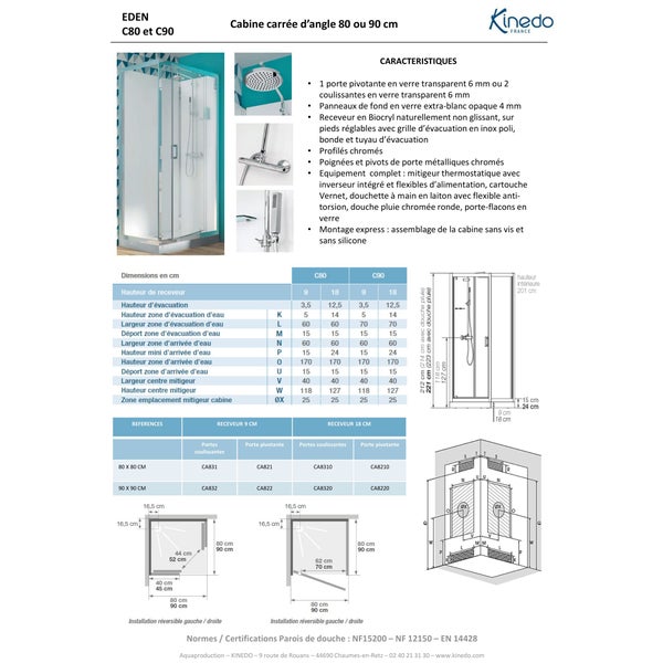 Cabine de douche complète prête à poser EDEN Plus porte pivotante receveur de douche 90x90 hauteur 18 cm 1
