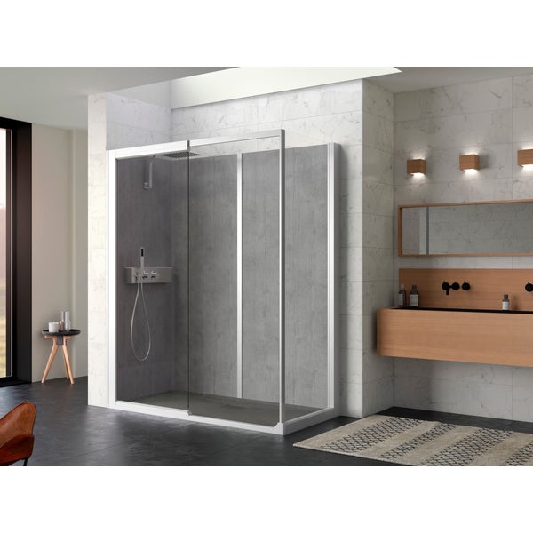 Cabine de douche complète KOCOON 140x80 d'angle espace douche ouvert verre transparent mitigeur thermostatique panneaux de fond couleur gris bois 0