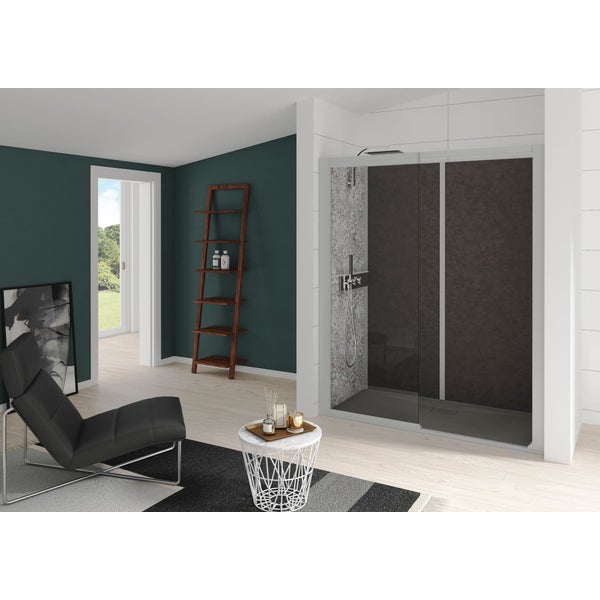 Cabine de douche complète KOCOON 140x70 pose en niche espace douche ouvert verre dépoli 1 bande mitigeur thermostatique panneaux de fond gris orient 0