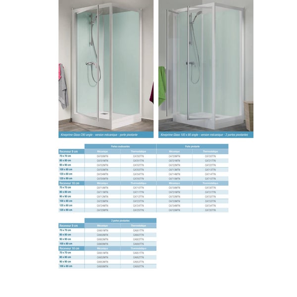 Cabine de douche complète KINEPRIME avec porte pivotante receveur 90x90 hauteur 18 cm mitigeur thermostatique verre transparent 1