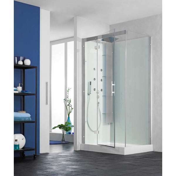 Cabine de douche complète HORIZON porte pivotante receveur 110x110 hauteur 17,5 cm douche hydromassante finition Acier 0