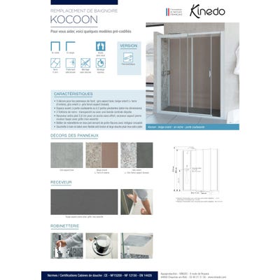 Cabine de douche complète KOCOON 170x70 pose en niche porte coulissante verre transparent mitigeur thermostatique panneaux de fond couleur gris bois 3