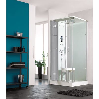 Cabine de douche complète HORIZON receveur de douche 90x90 hauteur 12,5 cm porte pivotante douche hydromassante et fonction Hammam finition Acier 0