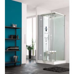 Cabine de douche complète HORIZON receveur de douche 90x90 hauteur 12,5 cm porte coulissante douche hydromassante et fonction Hammam finition Acier 0