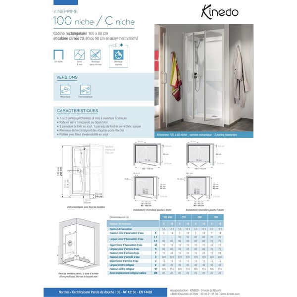 Cabine de douche complète KINEPRIME porte pivotante receveur 80x80 hauteur 18 cm dépolie mitigeur thermostatique verre transparent 1