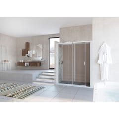 Cabine de douche complète KOCOON 170x70 pose en niche espace douche ouvert verre transparent mitigeur thermostatique panneaux de fond beige orient