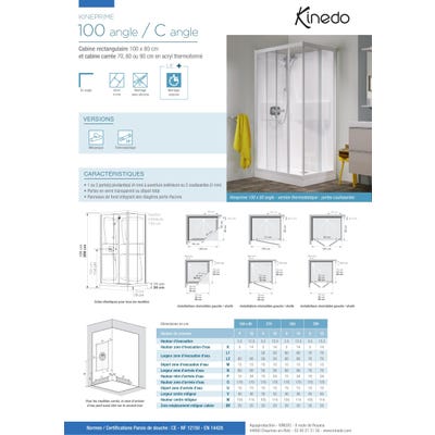Cabine de douche complète d'angle KINEPRIME porte pivotante receveur 100x80 hauteur 18 cm mitigeur thermostatique verre dépoli 1