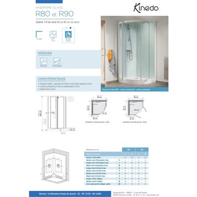 Cabine de douche complète KINEPRIME porte pivotante receveur 1/4 de rond 90x90 hauteur 18 cm équipé mitigeur mécanique verre transparent 1