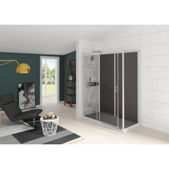 Cabine de douche complète KOCOON 100x90 d'angle porte coulissante verre dépoli 1 bande mitigeur thermostatique panneaux de fond couleur gris orient