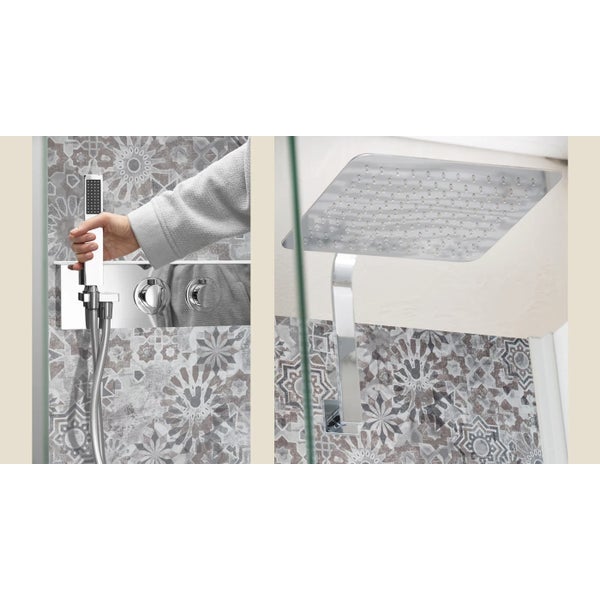 Cabine de douche complète KOCOON 100x90 d'angle porte coulissante verre dépoli 1 bande mitigeur thermostatique panneaux de fond couleur gris orient 2