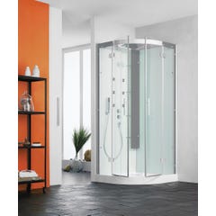 Cabine de douche complète HORIZON porte pivotante receveur 90x90 hauteur 12,5 cm 1/4 de rond douche hydromassante finition Acier