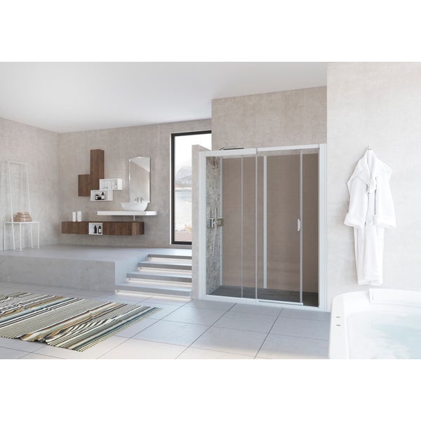 Cabine de douche complète KOCOON 140x90 pose en niche porte coulissante verre transparent mitigeur thermostatique panneaux de fond beige orient 0