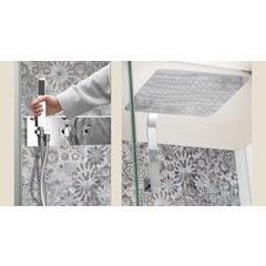 Cabine de douche complète KOCOON 100x90 d'angle porte pivotante verre dépoli 1 bande mitigeur thermostatique panneaux de fond couleur beige orient 2