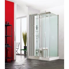 Cabine de douche complète HORIZON receveur de douche 120x120 hauteur 17,5 cm porte pivotante douche hydromassante finition Acier