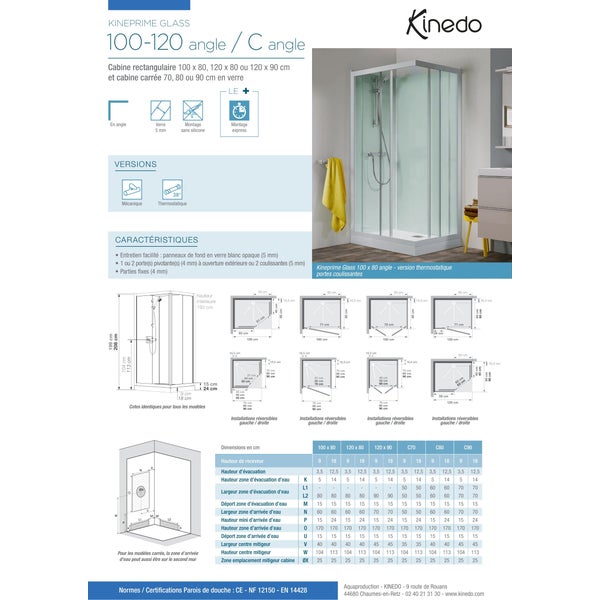 Cabine de douche complète d'angle KINEPRIME porte pivotante receveur 100x80 hauteur 18 cm mitigeur thermostatique verre transparent 1