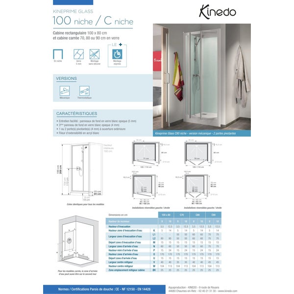 Cabine de douche complète KINEPRIME porte pivotante receveur 90x90 hauteur 9 cm équipé mitigeur mécanique verre transparent 1