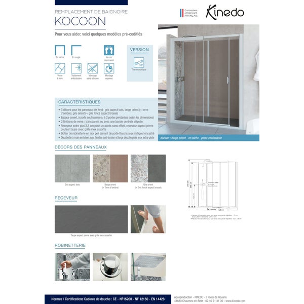Cabine de douche complète KOCOON 160x70 pose en niche espace douche ouvert verre transparent mitigeur thermostatique panneaux de fond gris bois 3