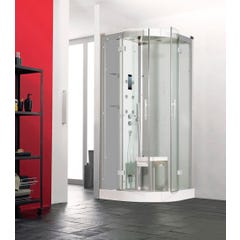 Cabine de douche complète HORIZON receveur de douche 1/4 de rond 90x90 hauteur 17,5 cm porte pivotante douche hydromassante et Hammam finition Acier 0
