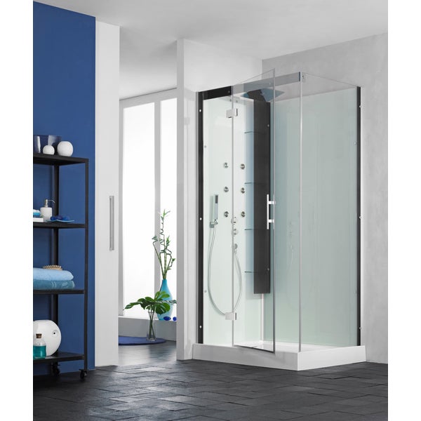 Cabine de douche complète HORIZON receveur de douche 120x120 hauteur 17,5 cm porte coulissante douche hydromassante finition Perle Noire 0