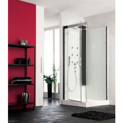Cabine de douche complète HORIZON porte pivotante receveur 80x80 hauteur 12,5 cm douche hydromassante finition Perle Noire 0