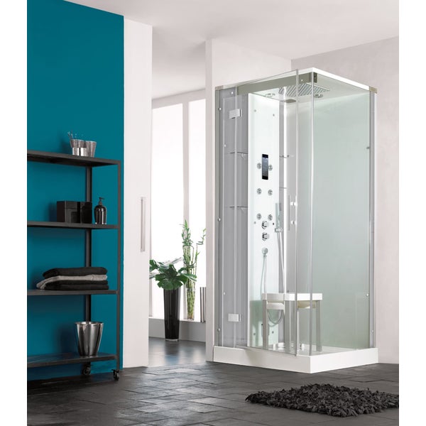Cabine de douche complète HORIZON receveur de douche 90x90 hauteur 17,5 cm porte pivotante douche hydromassante et fonction Hammam finition Acier 0