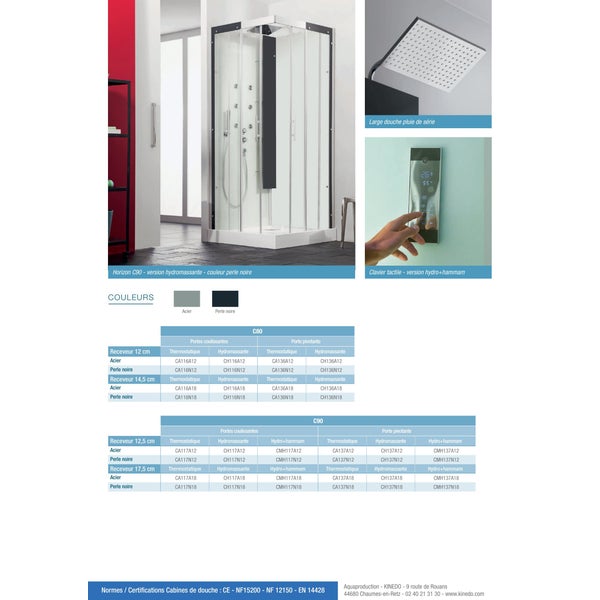 Cabine de douche complète HORIZON porte pivotante receveur 90x90 hauteur 12,5 cm douche hydromassante finition Acier 2