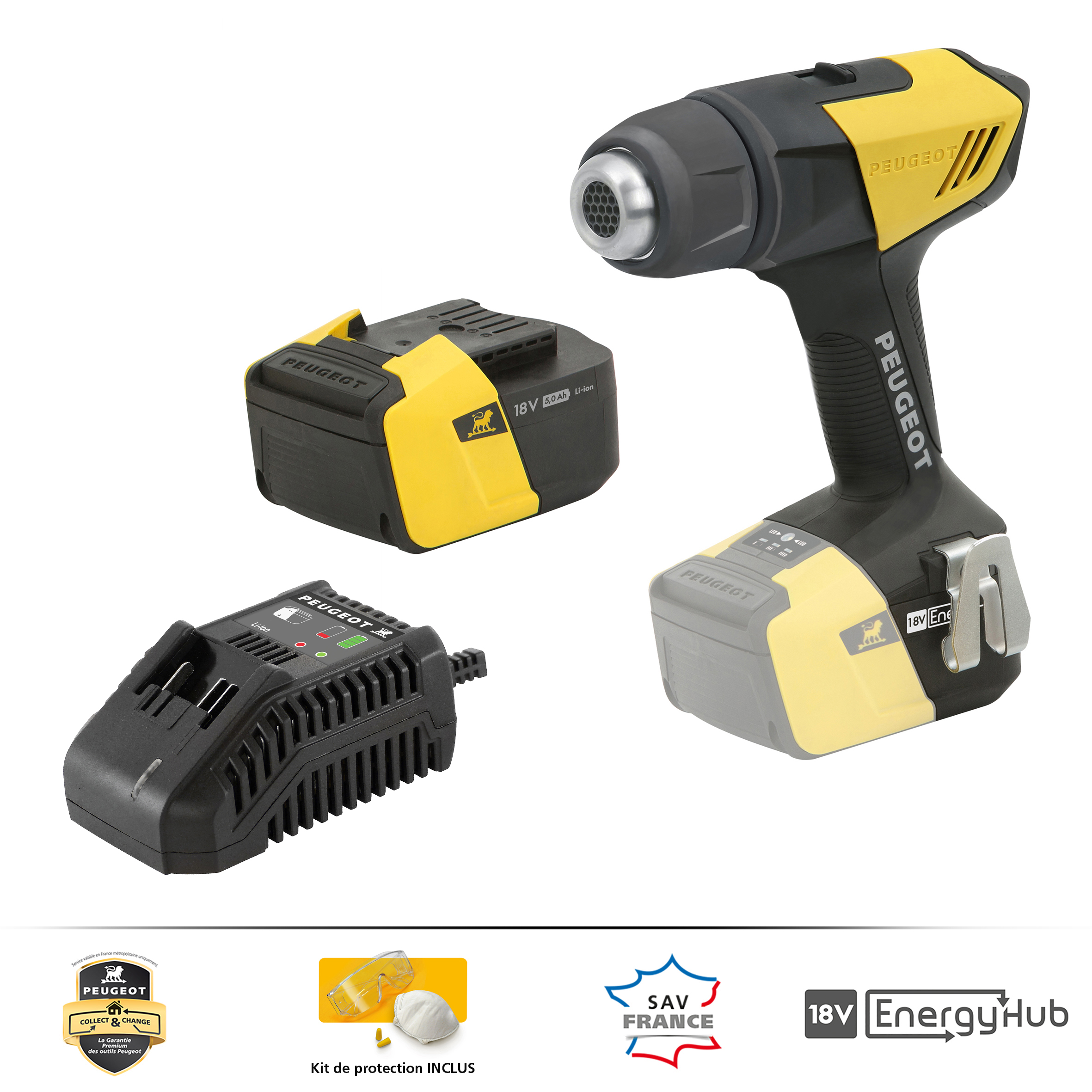 EnergyHeat-18V Pistolet à air chaud + 1 batterie Li-Ion 5,0 Ah et son chargeur + 5 buses, jusqu'à 650°C - Garantie 3 ans, SAV++ Collect & Change