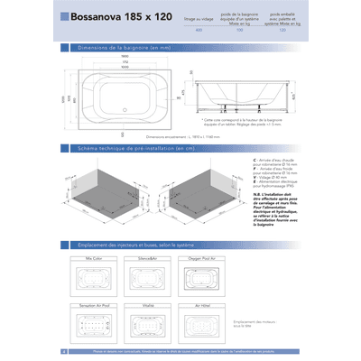 Baignoire balnéo d'exception BOSSANOVA 185x120 sur châssis métal, système balnéo MIX COLOR tête bain à droite 3