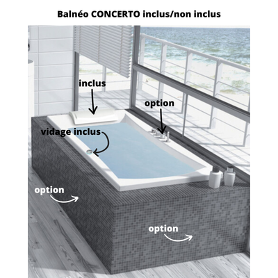 Baignoire balnéo CONCERTO 170x75 sur châssis métal, système balnéo AIR HOTEL tête bain à gauche 1