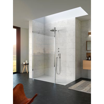 Paroi de douche fixe haut. 2,00m larg. 90 cm avec porte pivot. à 180 degrés KINEQUARTZ Duo fixation sur profilé mural chromé verre transparent 0