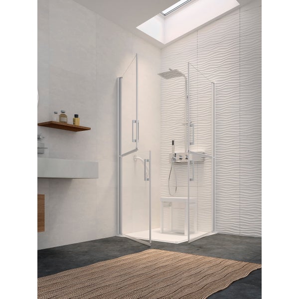 Porte de douche SESAME 100 à 2 volets sans seuil aux normes handicapé profilé blanc verre transparent montage à gauche 0