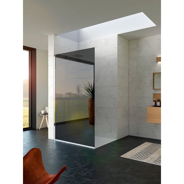 Paroi de douche fixe KINEQUARTZ Solo largeur 1,40m hauteur 2,00m verre fume finition miroir + fixation par mat sol et plafond 0