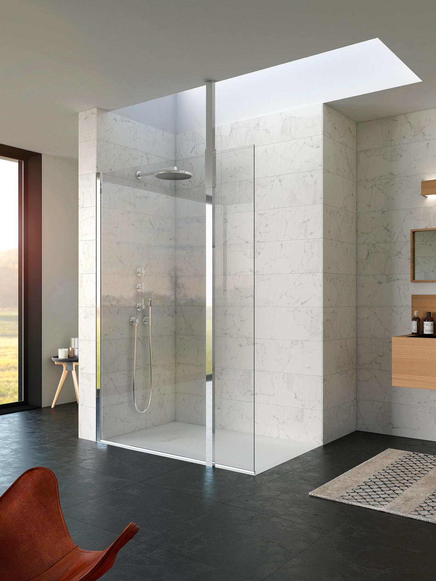 Kinequartz Solo charniere murale 140 verre cristal avec bande centrale finition miroir + fixation par mat sol et plafond