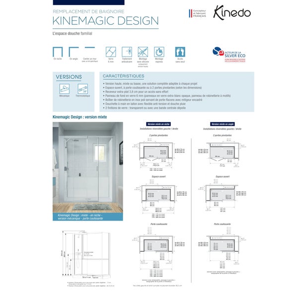 Cabine de douche d'angle complète sécurisée KINEMAGIC Design 100x90 Angle Pivotant Mixte Transparent équipé mitigeur mécanique 1