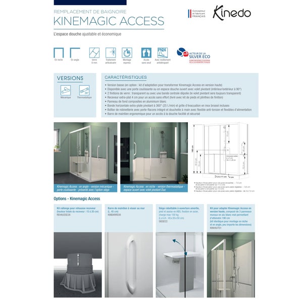 Cabine de douche d'angle complète sécurisée KINEMAGIC Access 140x75 espace douche ouvert verre dépoli 1 bande mitigeur thermostatique 1