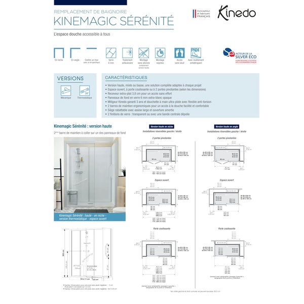 Cabine de douche en niche complète sécurisée KINEMAGIC Sérénité 100x70 (M) hauteur 2,03m porte pivotante verre transparent mitigeur mécanique 1