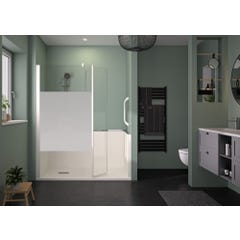 Cabine de douche en niche complète sécurisée KINEMAGIC Access 120x90 espace douche ouvert verre dépoli 1 bande mitigeur thermostatique
